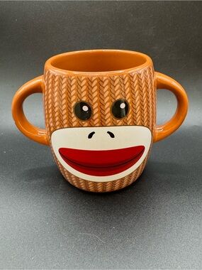 Sock Monkey Coffee Mug Double Handle Ceramic Tea Cup Galerie Brown Striped 14 oz